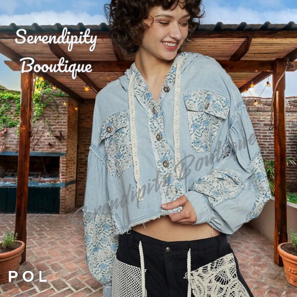 POL Perfect Hoodie Lightweight Denim Twill Button Up Baggy Drop Shoulder Jacket - Picture 9 of 11